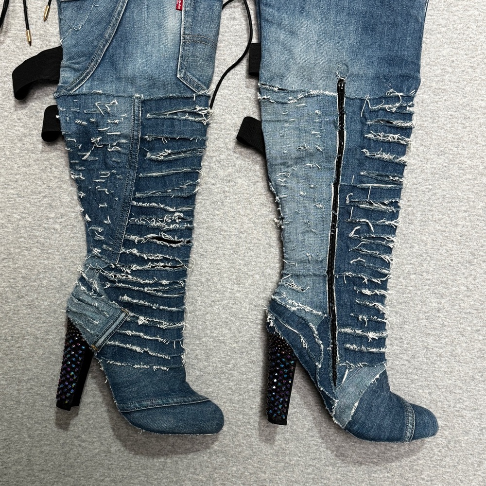 Distressed Levi Denim Thigh High Stiletto Rhinestone Boots Sz 10 Punk Y2K Grunge - Picture 12 of 14